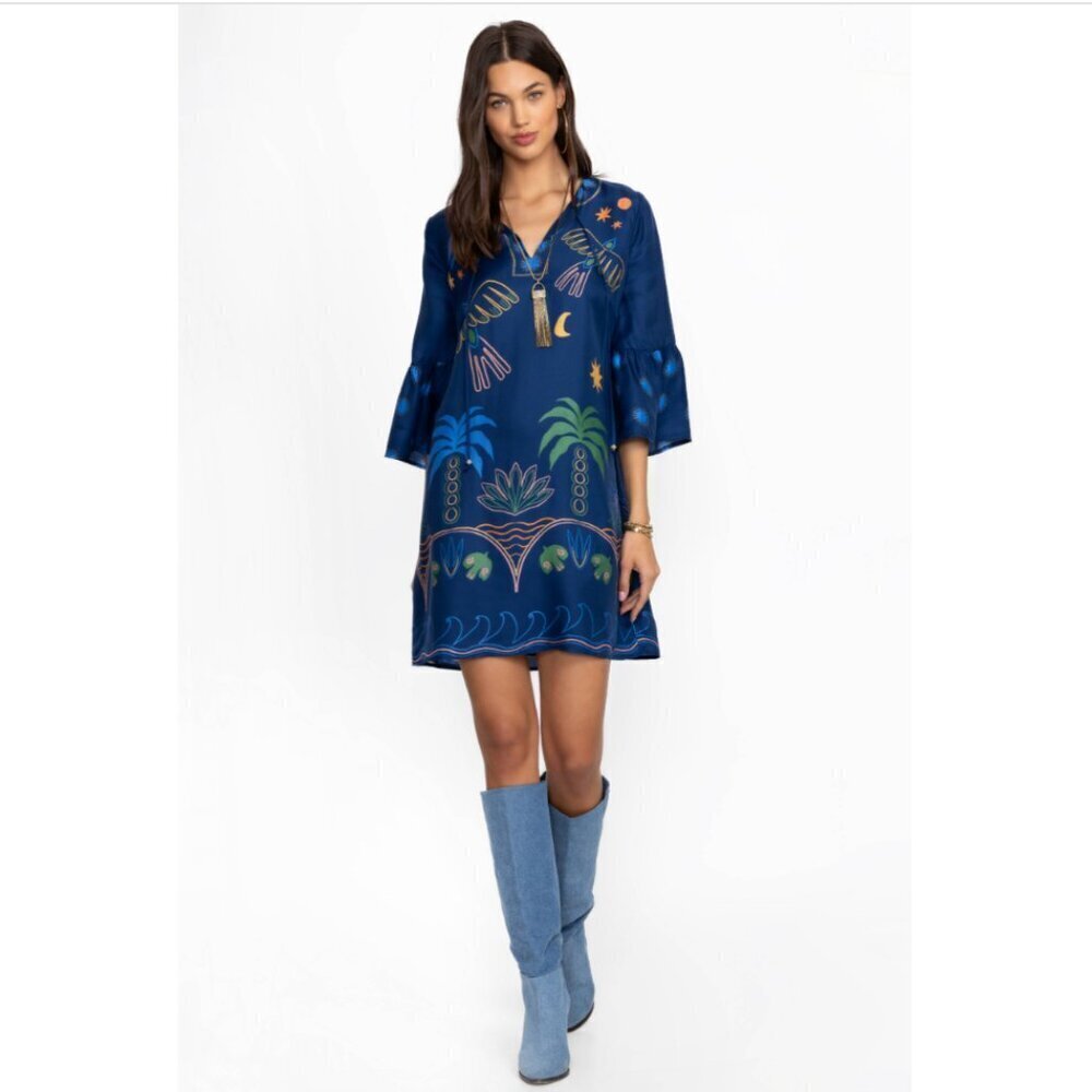 Johnny Was Jade Lorainne Blue Patterned Silk Blend Mini Dress S - Picture 2 of 10